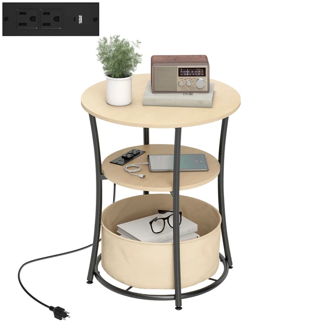 Alt view image 4 of 7 - Round Side Table with Charging Station, 3 Tier End Table with Fabric Storage Bag Shelf and Steel Frame for Living