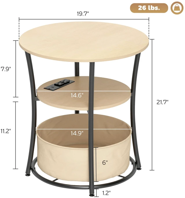 Alt view image 3 of 7 - Round Side Table with Charging Station, 3 Tier End Table with Fabric Storage Bag Shelf and Steel Frame for Living