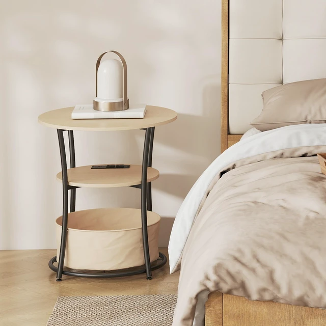 Alt view image 5 of 7 - Round Side Table with Charging Station, 3 Tier End Table with Fabric Storage Bag Shelf and Steel Frame for Living
