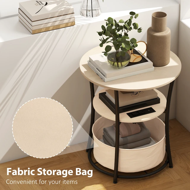 Alt view image 7 of 7 - Round Side Table with Charging Station, 3 Tier End Table with Fabric Storage Bag Shelf and Steel Frame for Living