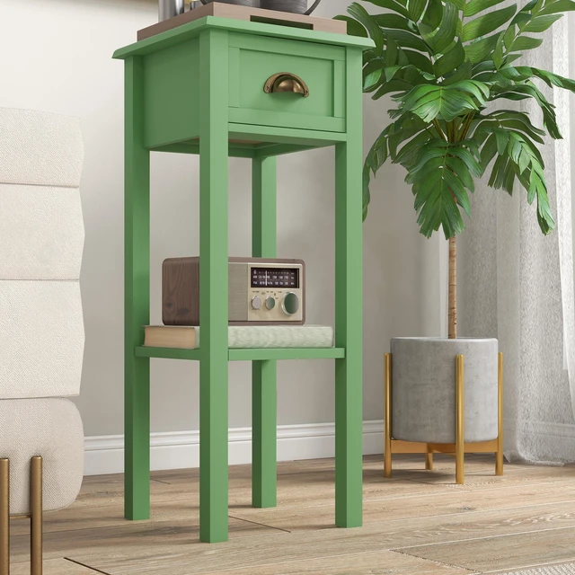 Alt view image 2 of 7 - Narrow End Table with Drawer and Bottom Shelf, Slim Side Table for Small Spaces Skinny Accent Desk for Living Set, Grey
