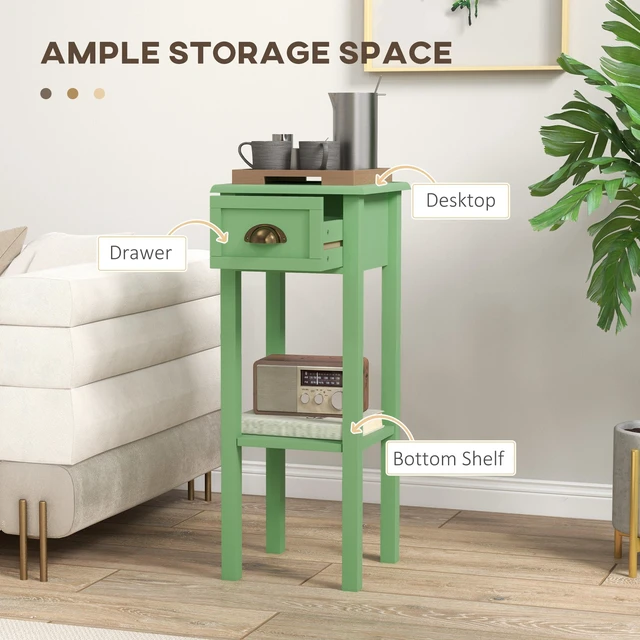 Alt view image 6 of 7 - Narrow End Table with Drawer and Bottom Shelf, Slim Side Table for Small Spaces Skinny Accent Desk for Living Set, Grey