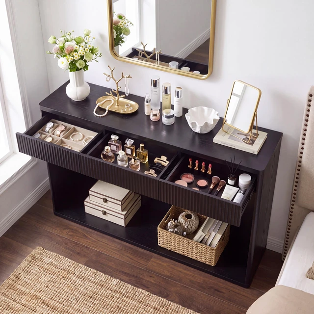 Alt view image 5 of 7 - 63 Inch Fluted Console Table with 3 Drawers, Long Sofa Table Behind Couch for Living, Black, MDF, Bar