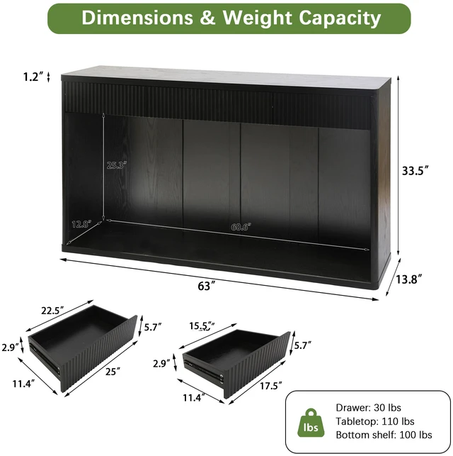 Alt view image 6 of 7 - 63 Inch Fluted Console Table with 3 Drawers, Long Sofa Table Behind Couch for Living, Black, MDF, Bar