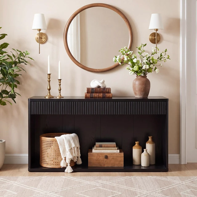 Alt view image 4 of 7 - 63 Inch Fluted Console Table with 3 Drawers, Long Sofa Table Behind Couch for Living, Black, MDF, Bar