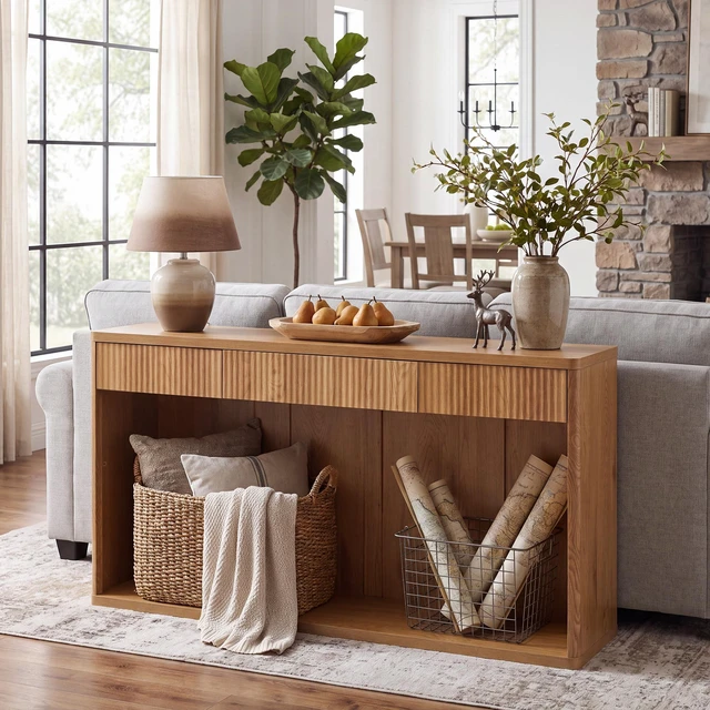 Main image of 63 Inch Fluted Console Table with 3 Drawers, Long Sofa Table Behind Couch for Living, Natural, MDF, Bar