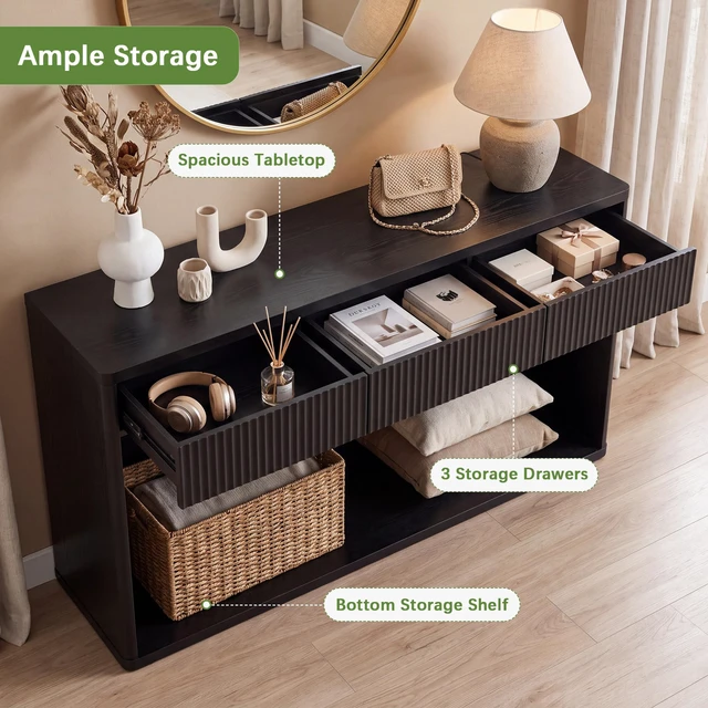 Alt view image 7 of 7 - 63 Inch Fluted Console Table with 3 Drawers, Long Sofa Table Behind Couch for Living, Black, MDF, Bar