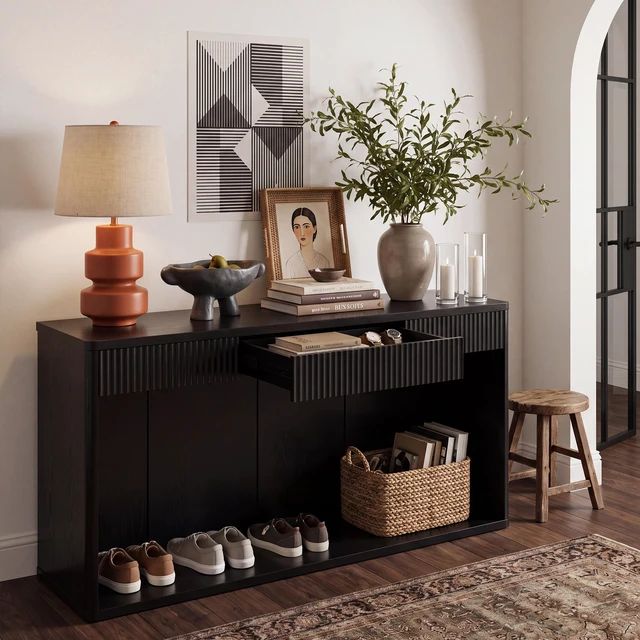 Alt view image 2 of 7 - 63 Inch Fluted Console Table with 3 Drawers, Long Sofa Table Behind Couch for Living, Black, MDF, Bar