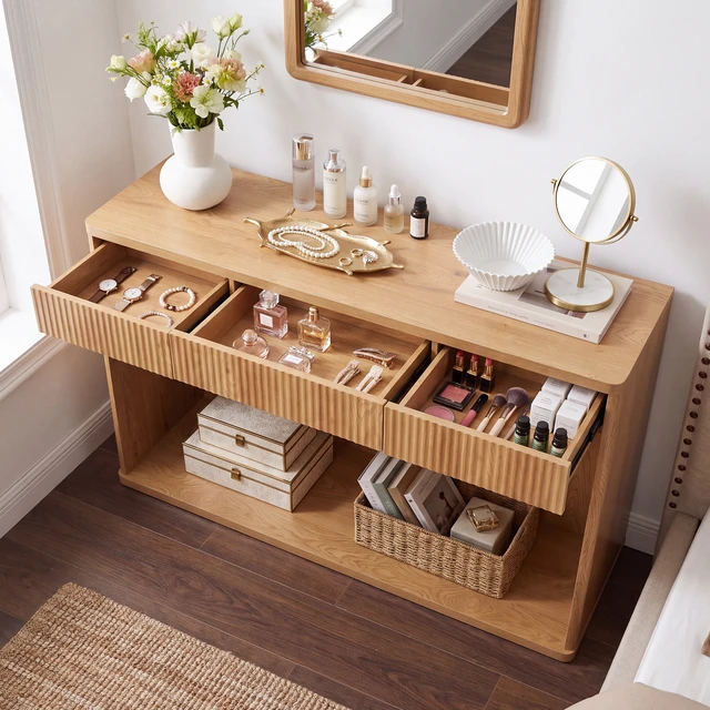 Alt view image 4 of 7 - 63 Inch Fluted Console Table with 3 Drawers, Long Sofa Table Behind Couch for Living, Natural, MDF, Bar