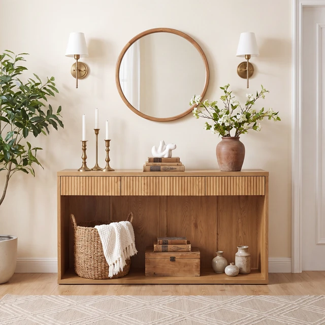 Alt view image 2 of 7 - 63 Inch Fluted Console Table with 3 Drawers, Long Sofa Table Behind Couch for Living, Natural, MDF, Bar