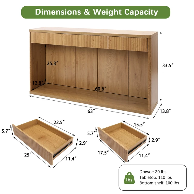 Alt view image 5 of 7 - 63 Inch Fluted Console Table with 3 Drawers, Long Sofa Table Behind Couch for Living, Natural, MDF, Bar
