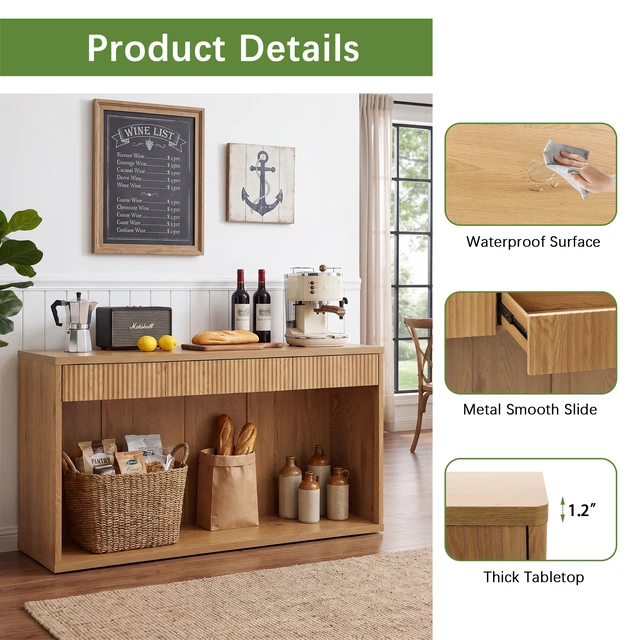 Alt view image 7 of 7 - 63 Inch Fluted Console Table with 3 Drawers, Long Sofa Table Behind Couch for Living, Natural, MDF, Bar
