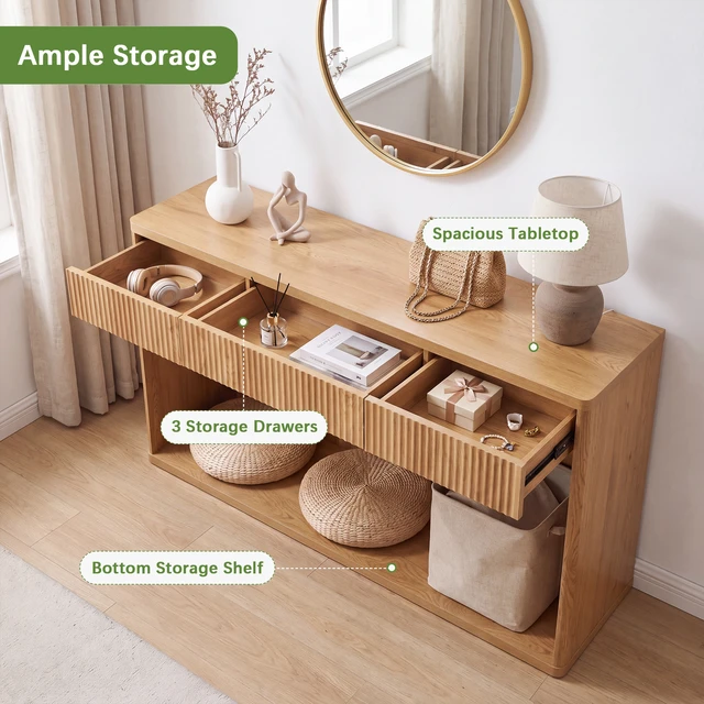 Alt view image 6 of 7 - 63 Inch Fluted Console Table with 3 Drawers, Long Sofa Table Behind Couch for Living, Natural, MDF, Bar