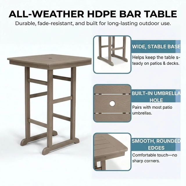 Alt view image 7 of 7 - HDPE Square Bar Height Table, Indoor Outdoor High Top Pub Table for Patio Kitchen and Bar Wood Finish, Antique Brown