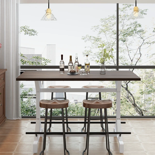 Alt view image 3 of 7 - 59 Inch Bar Height Table with Footrest, Rectangular Wooden Tabletop Bar Table Heavy Duty Metal Frame High Pub