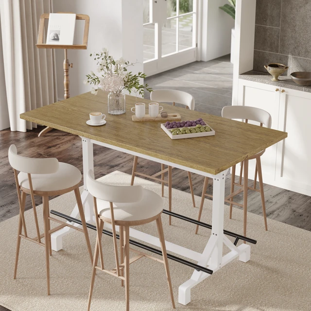 Main image of 59 Inch Bar Height Table with Footrest, Rectangular Wooden Tabletop Bar Table Heavy Duty Metal Frame High Pub
