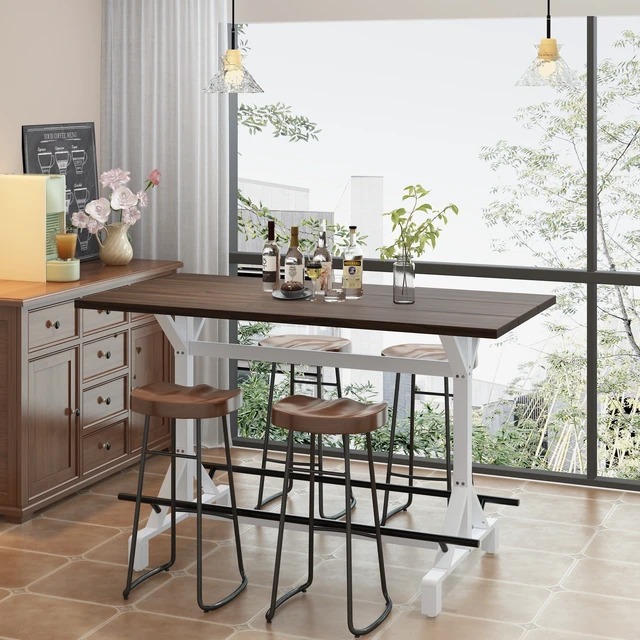 Alt view image 2 of 7 - 59 Inch Bar Height Table with Footrest, Rectangular Wooden Tabletop Bar Table Heavy Duty Metal Frame High Pub