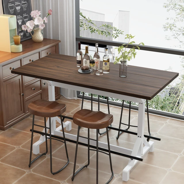 Main image of 59 Inch Bar Height Table with Footrest, Rectangular Wooden Tabletop Bar Table Heavy Duty Metal Frame High Pub