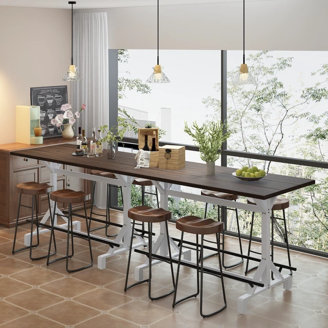 Alt view image 4 of 7 - 59 Inch Bar Height Table with Footrest, Rectangular Wooden Tabletop Bar Table Heavy Duty Metal Frame High Pub