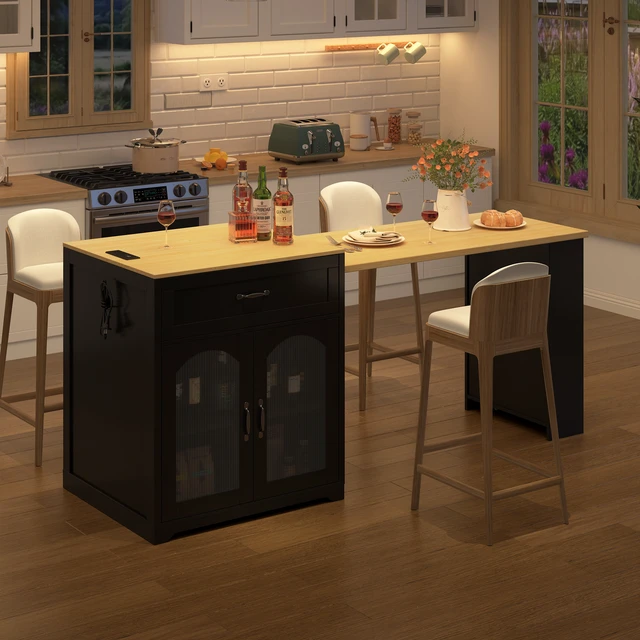 Alt view image 2 of 7 - Extendable Counter Table with Wheels, Bar Table with Built in Power Outlet Wine Cabinet with Double Sided Drawers