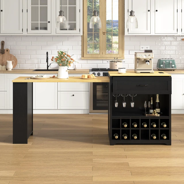 Main image of Extendable Counter Table with Wheels, Bar Table with Built in Power Outlet Wine Cabinet with Double Sided Drawers