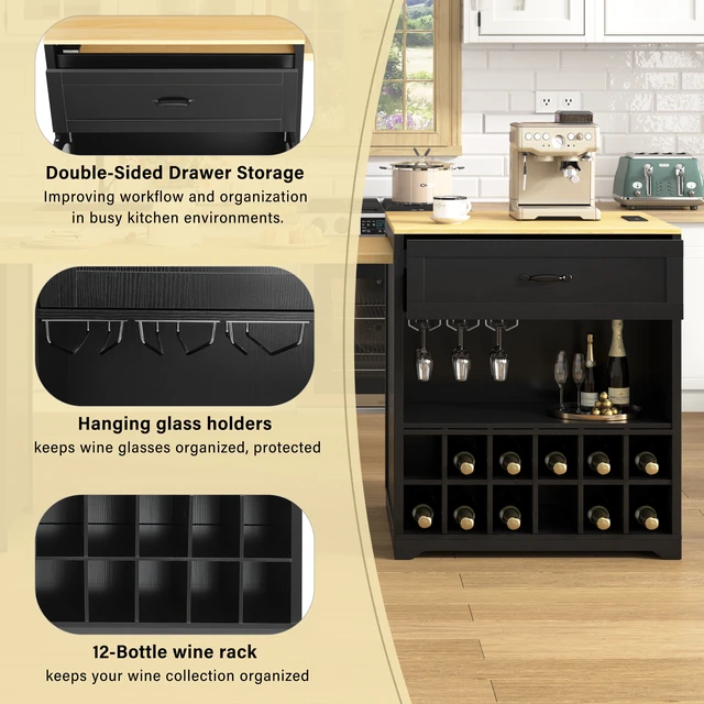 Alt view image 6 of 7 - Extendable Counter Table with Wheels, Bar Table with Built in Power Outlet Wine Cabinet with Double Sided Drawers