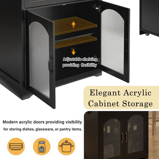 Alt view image 4 of 7 - Extendable Counter Table with Wheels, Bar Table with Built in Power Outlet Wine Cabinet with Double Sided Drawers