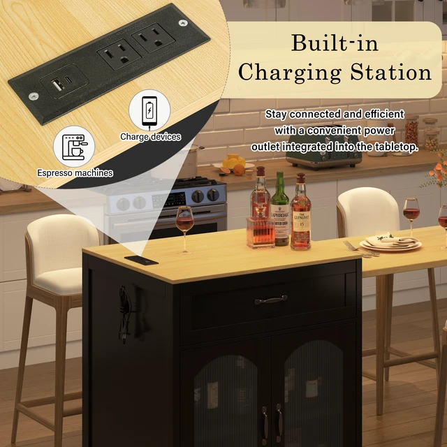 Alt view image 5 of 7 - Extendable Counter Table with Wheels, Bar Table with Built in Power Outlet Wine Cabinet with Double Sided Drawers