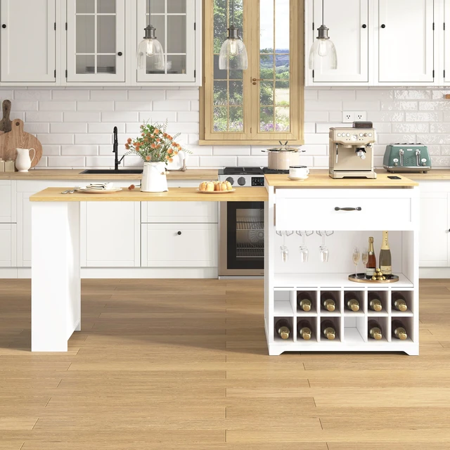 Main image of Extendable Counter Table with Wheels, Bar Table with Built in Power Outlet Wine Cabinet with Double Sided Drawers