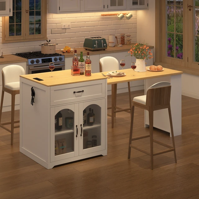 Alt view image 2 of 7 - Extendable Counter Table with Wheels, Bar Table with Built in Power Outlet Wine Cabinet with Double Sided Drawers