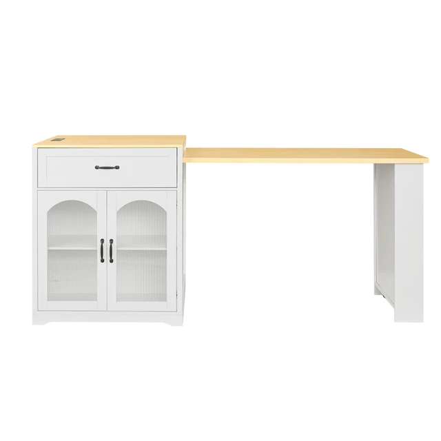 Alt view image 7 of 7 - Extendable Counter Table with Wheels, Bar Table with Built in Power Outlet Wine Cabinet with Double Sided Drawers