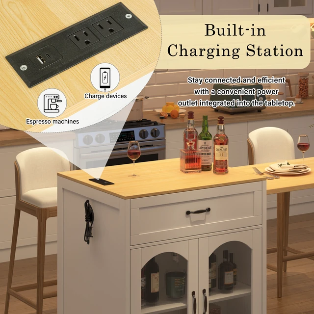 Alt view image 5 of 7 - Extendable Counter Table with Wheels, Bar Table with Built in Power Outlet Wine Cabinet with Double Sided Drawers