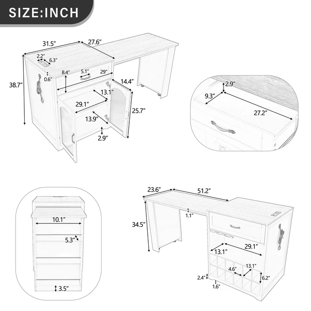 Alt view image 7 of 7 - Extendable Counter Table with Wheels, Bar Table with Built in Power Outlet Wine Cabinet with Double Sided Drawers