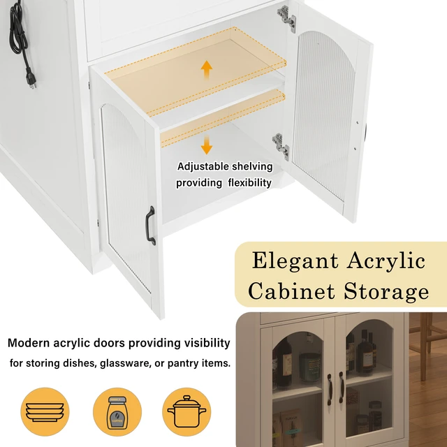 Alt view image 4 of 7 - Extendable Counter Table with Wheels, Bar Table with Built in Power Outlet Wine Cabinet with Double Sided Drawers