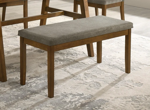 Alt view image 4 of 5 - 1 pc Padded Seating Bench Upholstered Fabric Wood Tone Brown Finish Dining Wooden Furniture, Brown Grey, Benches