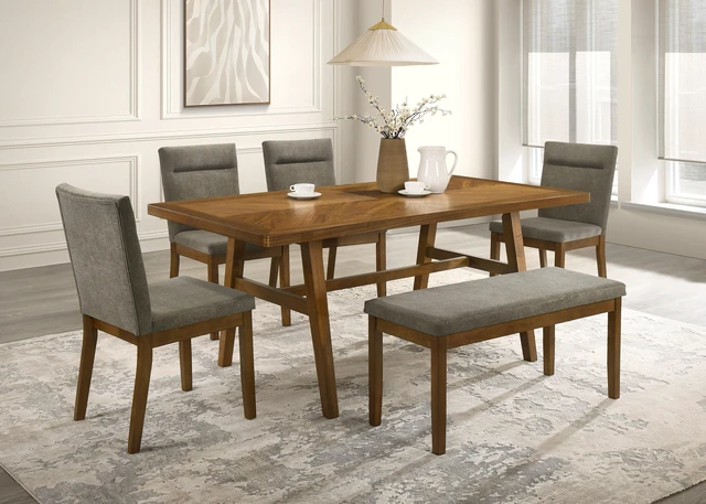 Alt view image 5 of 5 - 1 pc Padded Seating Bench Upholstered Fabric Wood Tone Brown Finish Dining Wooden Furniture, Brown Grey, Benches