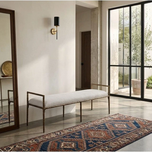 Main image of Glam Accent Bench with Upholstered Seat, Textured Gold Finish Iron Frame Armrests Kitchen and Dining Bench Sand, Sand