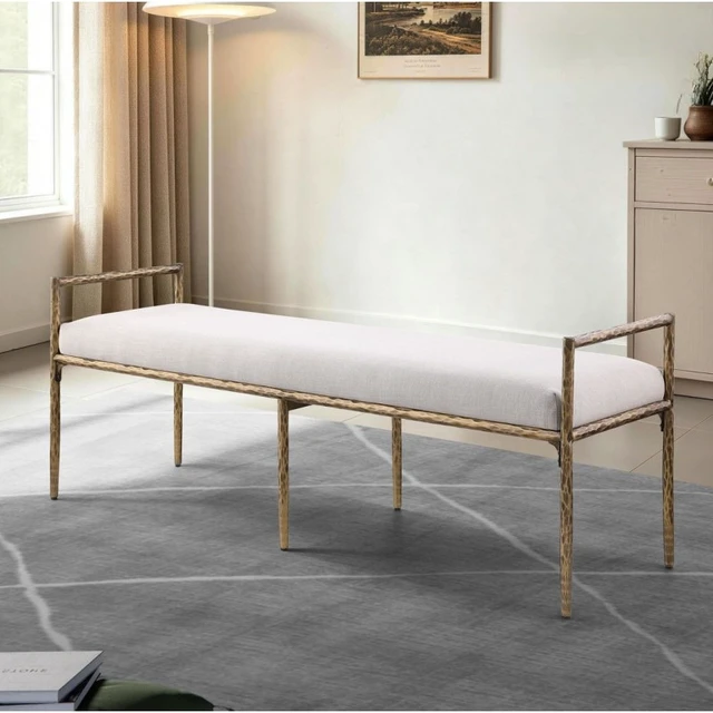 Alt view image 2 of 7 - Glam Accent Bench with Upholstered Seat, Textured Gold Finish Iron Frame Armrests Kitchen and Dining Bench Sand, Sand