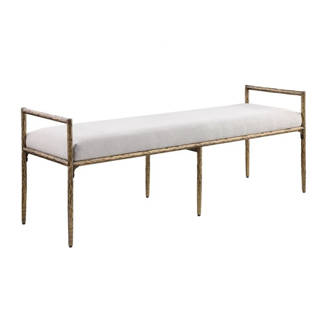 Alt view image 3 of 7 - Glam Accent Bench with Upholstered Seat, Textured Gold Finish Iron Frame Armrests Kitchen and Dining Bench Sand, Sand