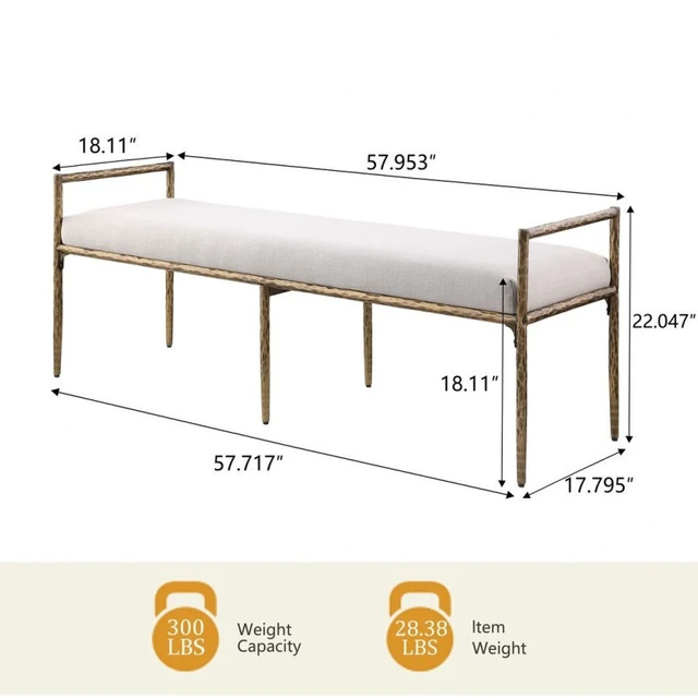 Alt view image 7 of 7 - Glam Accent Bench with Upholstered Seat, Textured Gold Finish Iron Frame Armrests Kitchen and Dining Bench Sand, Sand