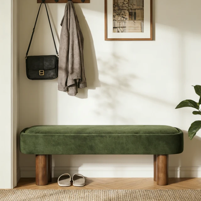 Alt view image 2 of 7 - Indoor Green Fabric Dining Bench with Color Legs, Upholstered Seating for Kitchen Dining and Living Space 250 LBS