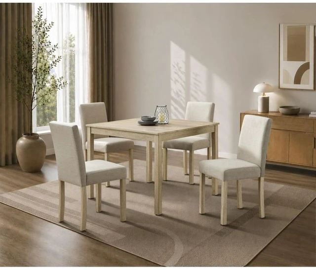 Main image of 5 pc Dining Set, Square Dining Table with Fabric Upholstered Side Chairs, Light Oak, Rubber Wood, Kitchen Sets