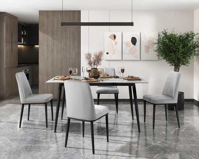 Alt view image 4 of 7 - Sintered Stone Top Dining Table 1 pc Black Metal Legs Dining Furniture, Black White
