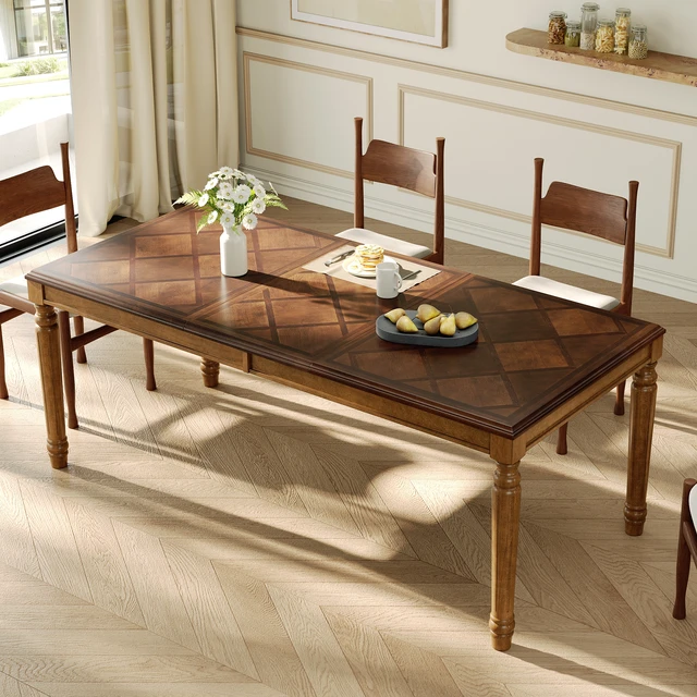 Alt view image 2 of 7 - Rectangular Dining Table with Framed Wood Top and Turned Legs for Dining and Kitchen, Walnut, MDF and Solid Wood