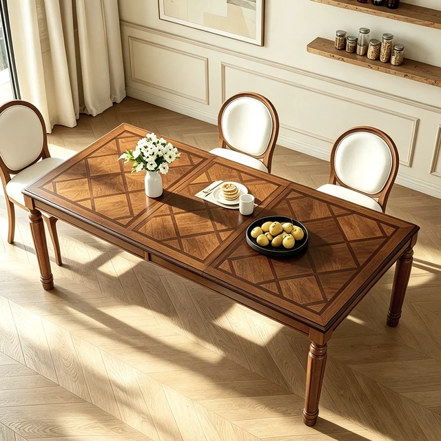 Alt view image 5 of 7 - Rectangular Dining Table with Framed Wood Top and Turned Legs for Dining and Kitchen, Walnut, MDF and Solid Wood