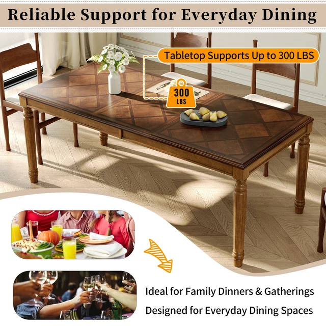 Alt view image 6 of 7 - Rectangular Dining Table with Framed Wood Top and Turned Legs for Dining and Kitchen, Walnut, MDF and Solid Wood
