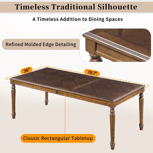 Alt view image 7 of 7 - Rectangular Dining Table with Framed Wood Top and Turned Legs for Dining and Kitchen, Walnut, MDF and Solid Wood