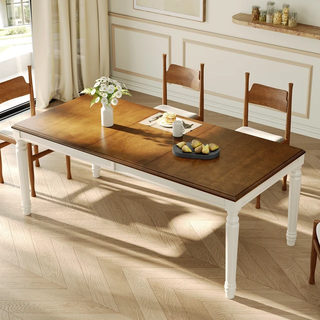 Alt view image 2 of 7 - Rectangular Dining Table with Framed Wood Top and Turned Legs for Dining and Kitchen, Natural, MDF and Solid Wood