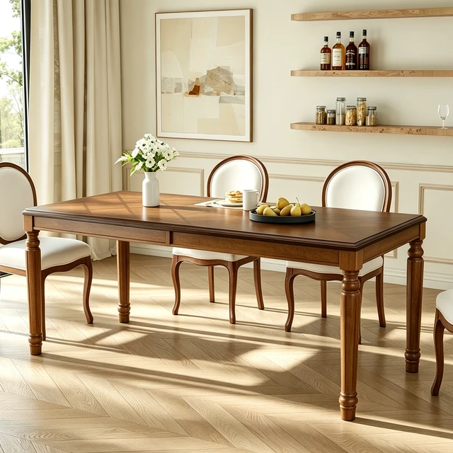 Alt view image 4 of 7 - Rectangular Dining Table with Framed Wood Top and Turned Legs for Dining and Kitchen, Walnut, MDF and Solid Wood