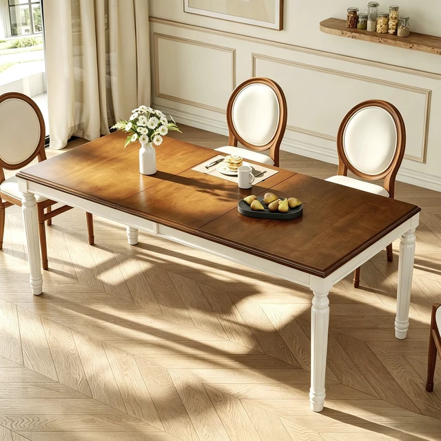Alt view image 4 of 7 - Rectangular Dining Table with Framed Wood Top and Turned Legs for Dining and Kitchen, Natural, MDF and Solid Wood